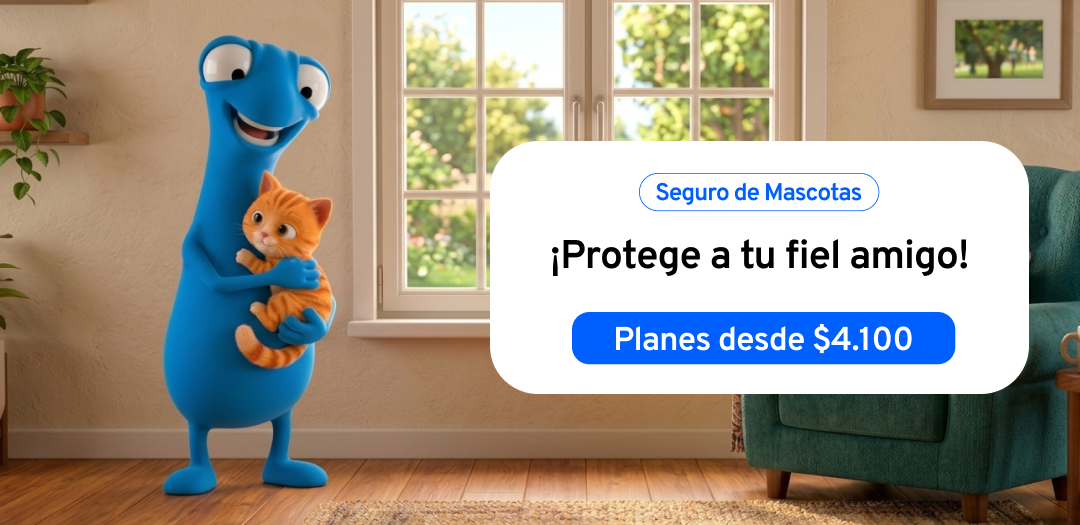 Azul con gato en brazos, texto "Seguro de Mascotas, ¡Protege a tu fiel amigo! Planes desde $4100"