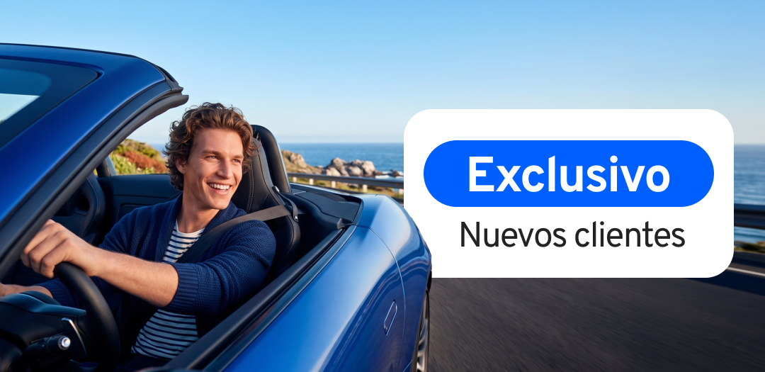 Hombre manejando auto y texto exclusivo nuevos clientes