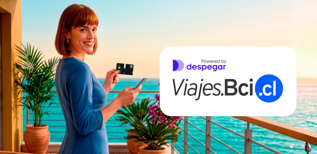 Mujer de viajes con tarjeta en la mano, texto "Despegar Viajas.bci.cl"