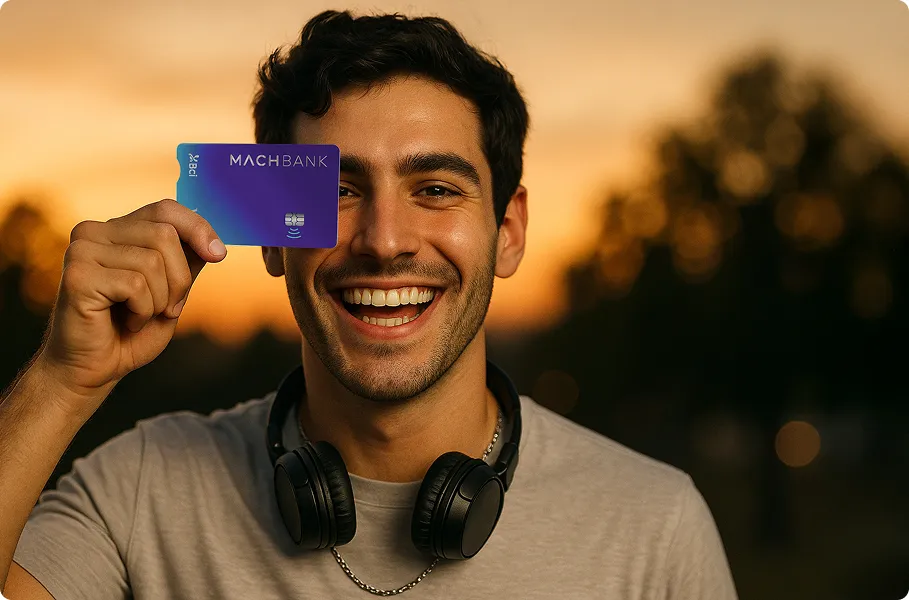 Hombre usando la tarjeta de credito MACHBANK