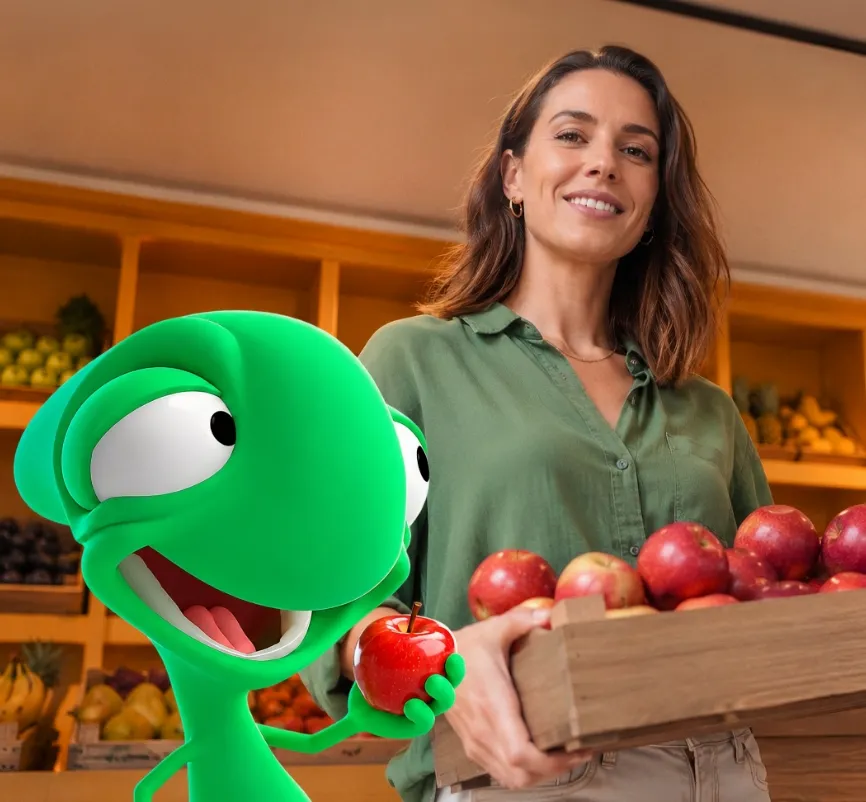 Emprendedora en frutería usando Bci 360 Connect