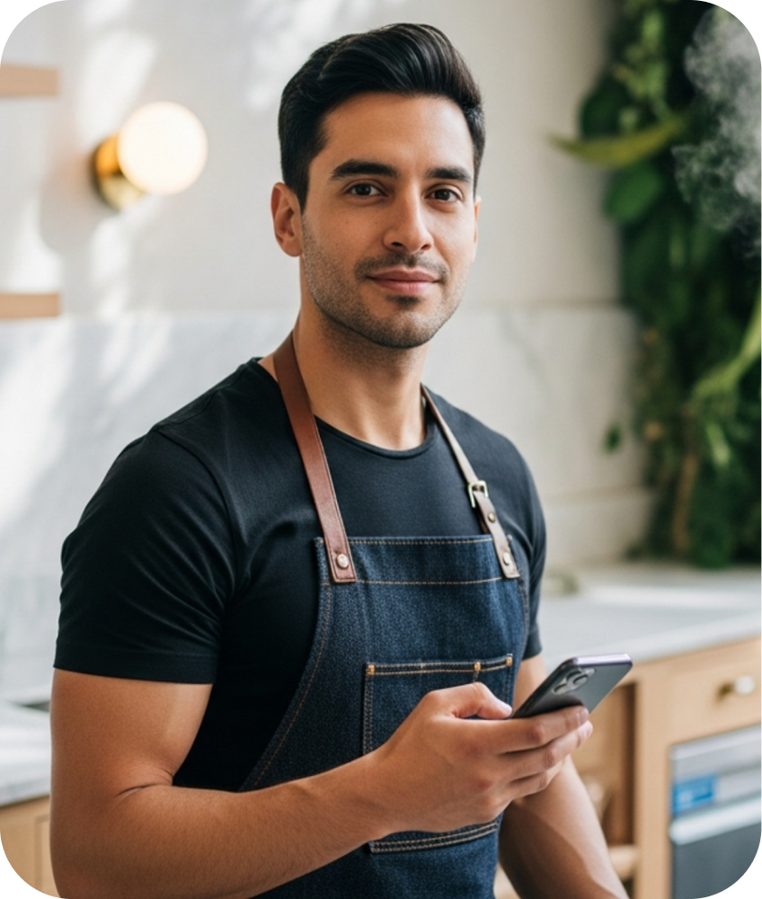 Dueño de pyme revisa su celular en su local para simular la consolidación de sus deudas.