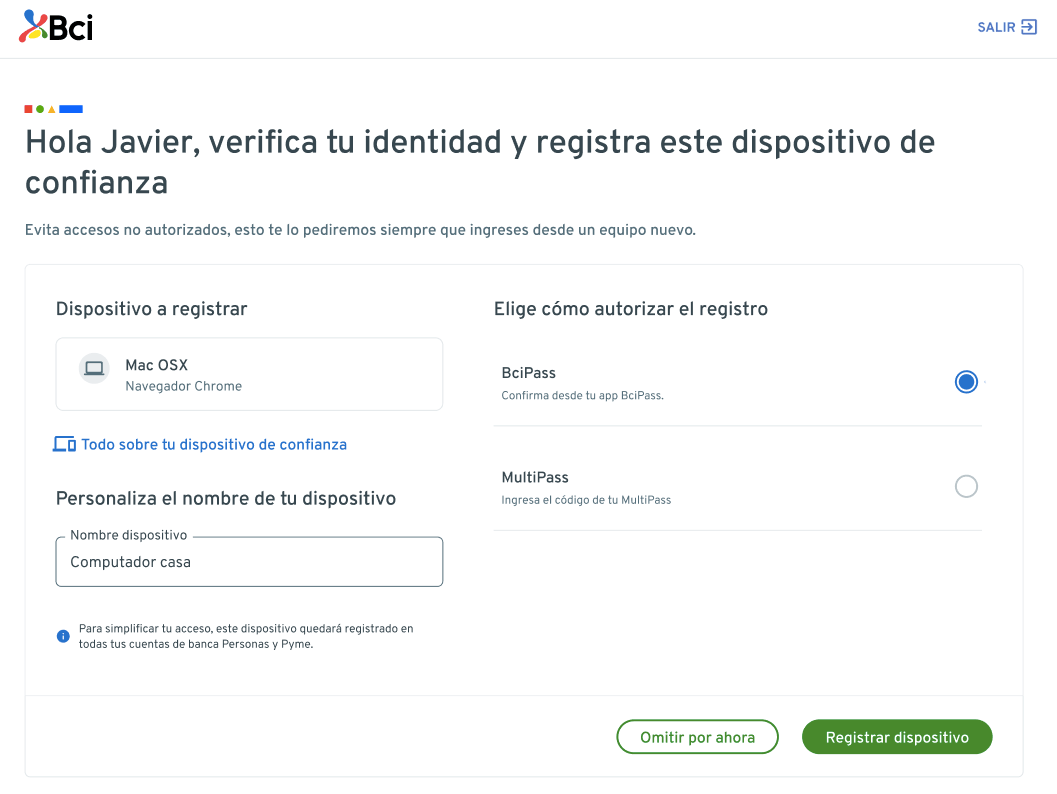 Botón Registrar dispositivo habilitado