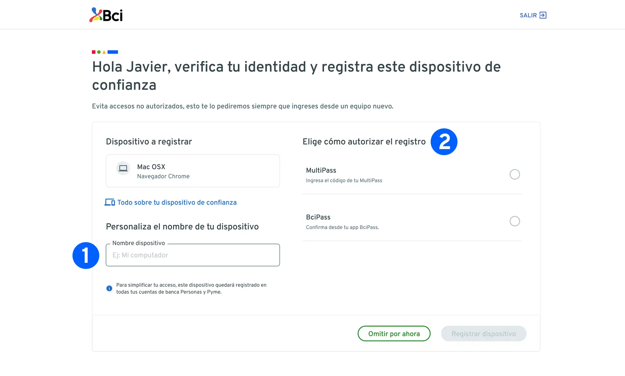 Registro de dispositivo en Banco en línea, pasos 1 y 2