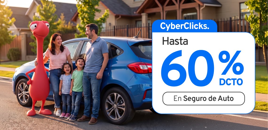 Familia feliz al lado de vehículo, texto "CyberClicks hasta 60% de descuento en seguro de auto"