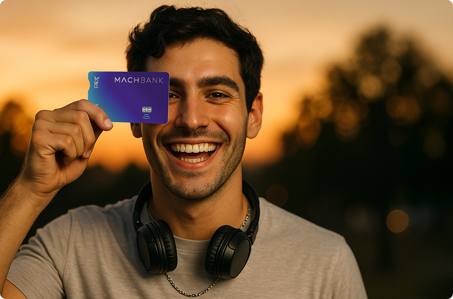 Hombre usando la tarjeta de credito MACHBANK