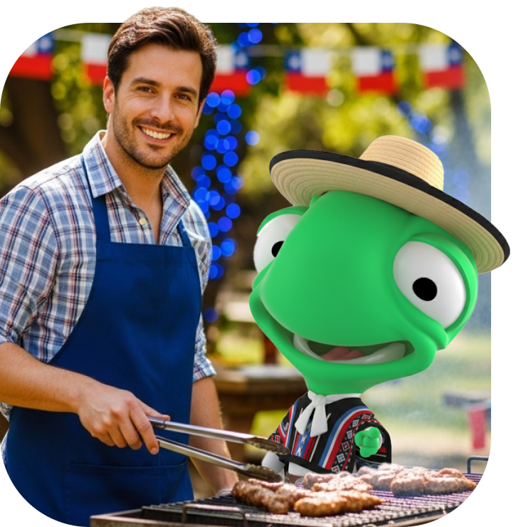 Hombre disfrutando de un asado dieciochero sin preocupaciones, representando la tranquilidad de financiar las Fiestas Patrias con un crédito Bci. A su lado, el mono verde Bci vestido de huaso.