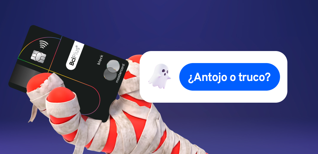 Mano halloween sosteniendo tarjeta Bci Mastercard, texto "¿Antojo o truco?"