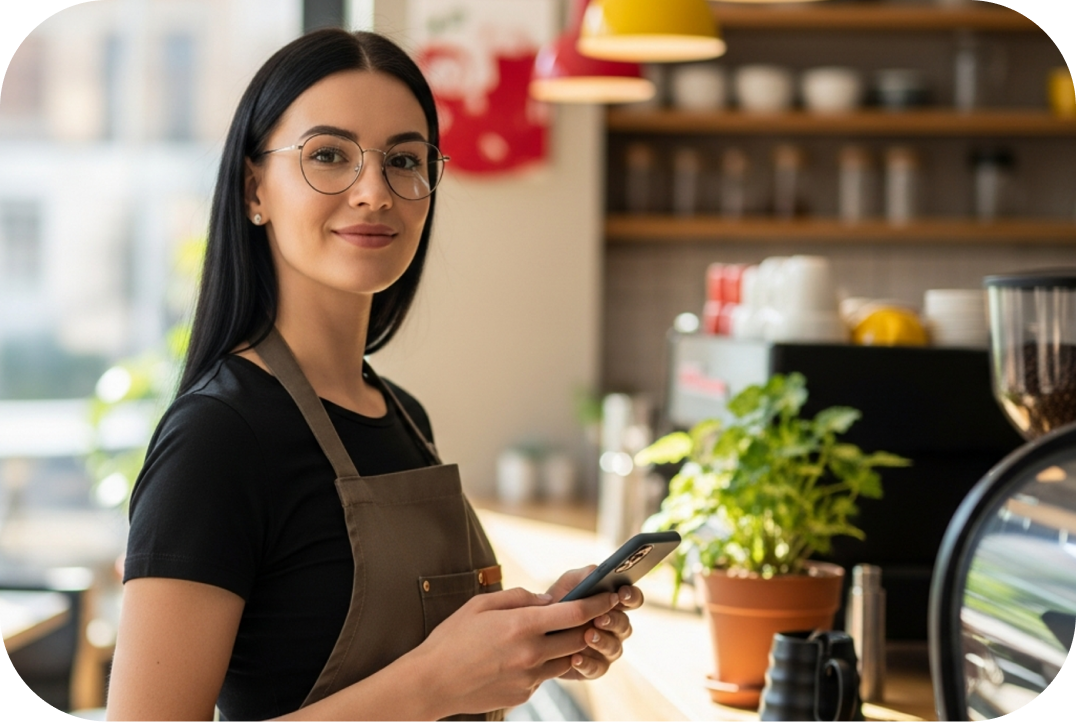 Emprendedora en su cafetería usa un celular para organizar las finanzas de su negocio.