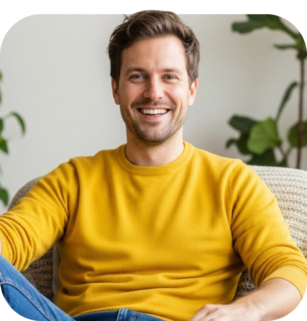 Mujer joven solicita una Compra de Cartera Bci 100% online desde su celular. A su lado, el mono azul de Bci con lentes, simbolizando un proceso fácil, rápido y con la ayuda que necesitas.