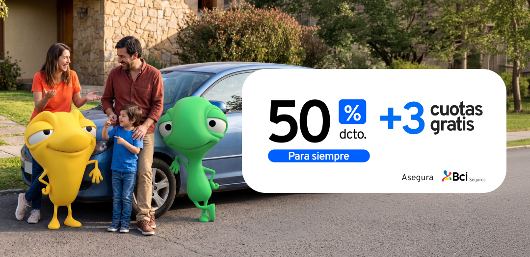 Familia conversando al lado de un auto, texto "50% de descuento para siempre + 3 cuotas gratis"